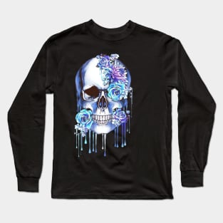 Floral, flowers and skull, Human anatomy, bones, blue style drops color paint Long Sleeve T-Shirt